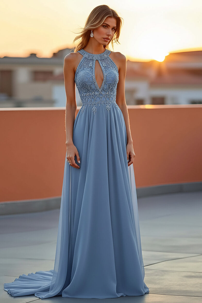 Dressystars Beaded Navy Wedding Guest Dress Halter Long Formal Dress With Embroideries