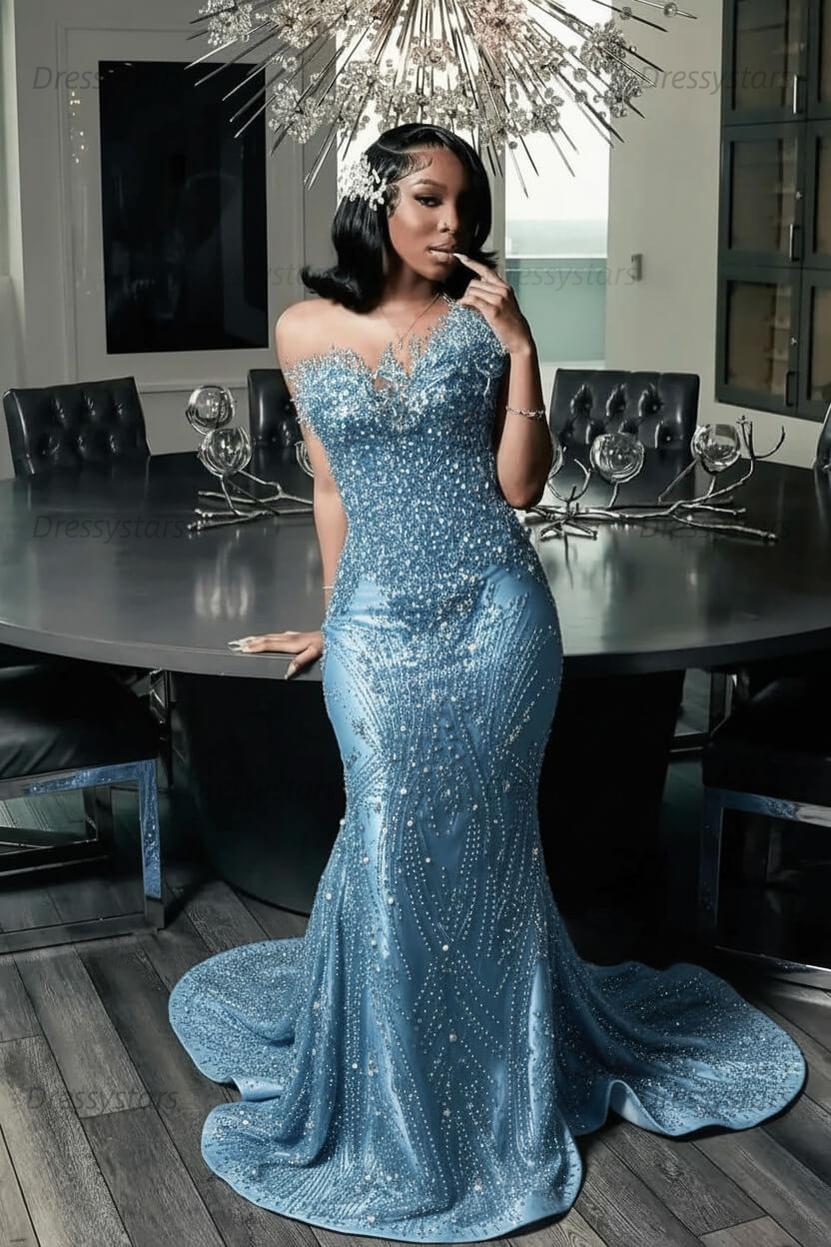 Green Mermaid Prom Dress Sleeveless Formal Evening Dress with Beadings and Rhinestones