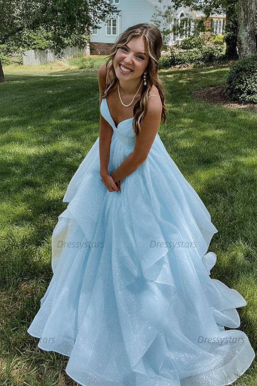 Pink Prom Dress V Neck Tulle Long Formal Evening Dress