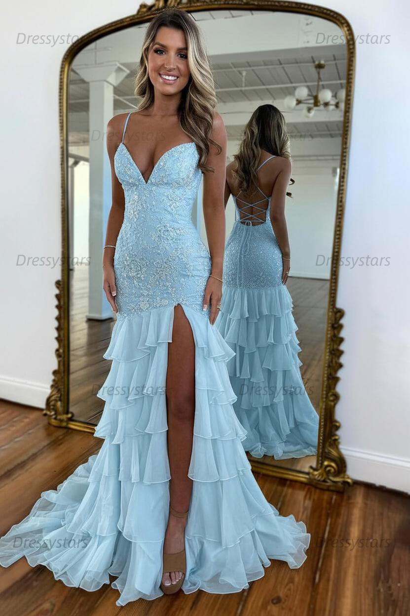 Dressystars Yellow Mermaid Spaghetti Straps Lace Up Long Prom Dress With Ruffle Skirt Formal Evening Gown
