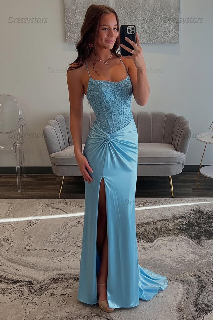 Red Prom Dress Spaghetti Straps Ruhed Long Lace Formal Dress With Appliques