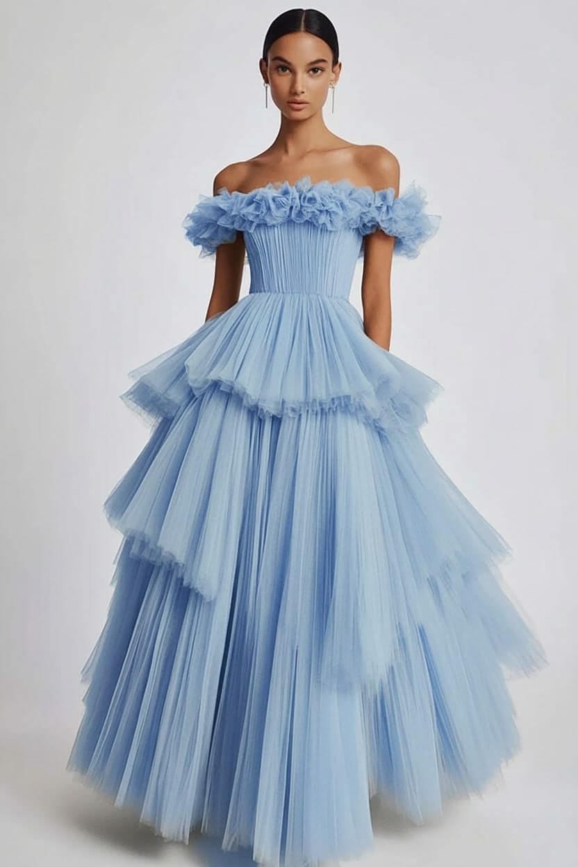 Dusty Sage Formal Dress Tulle Off The Shoulder Ball Gown Wedding Guest Dress With Ruffles