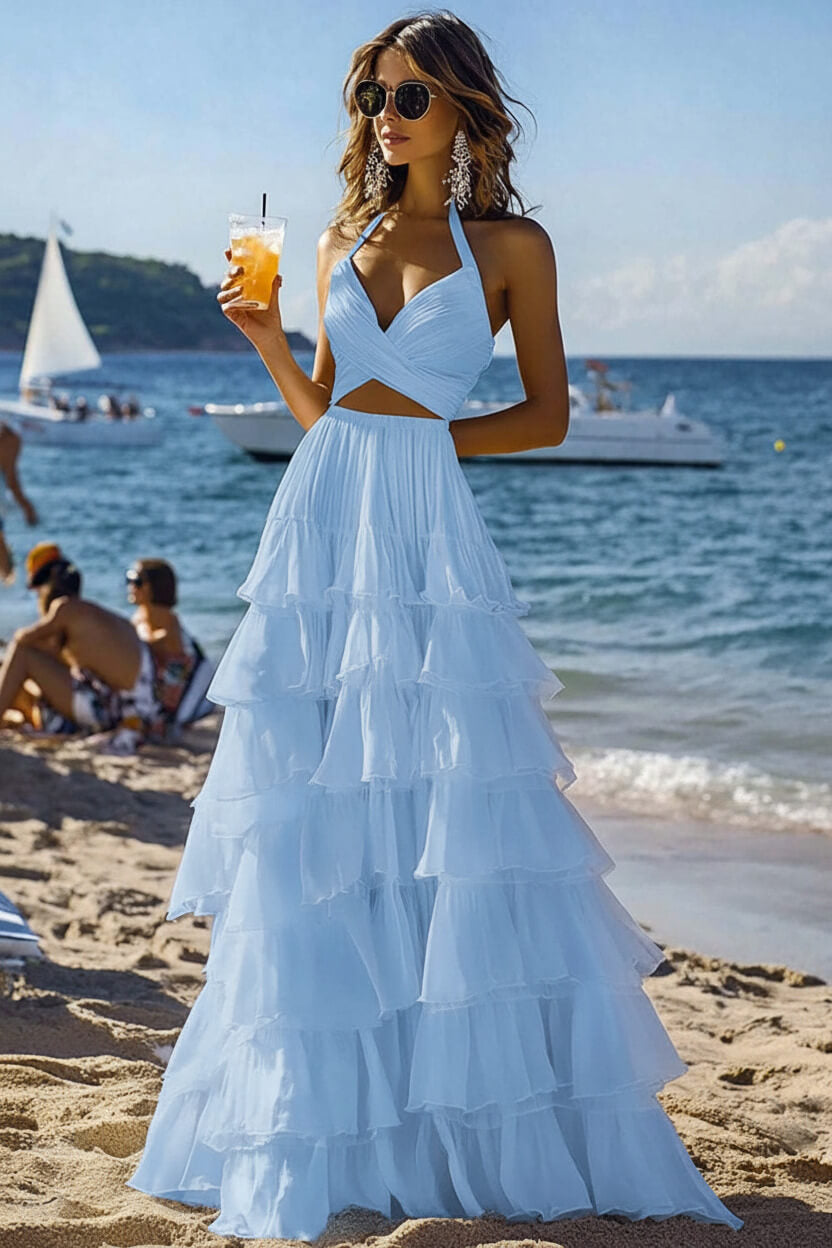Dressystars Halter Tiered White 2 Piece Ruffled Formal Dress