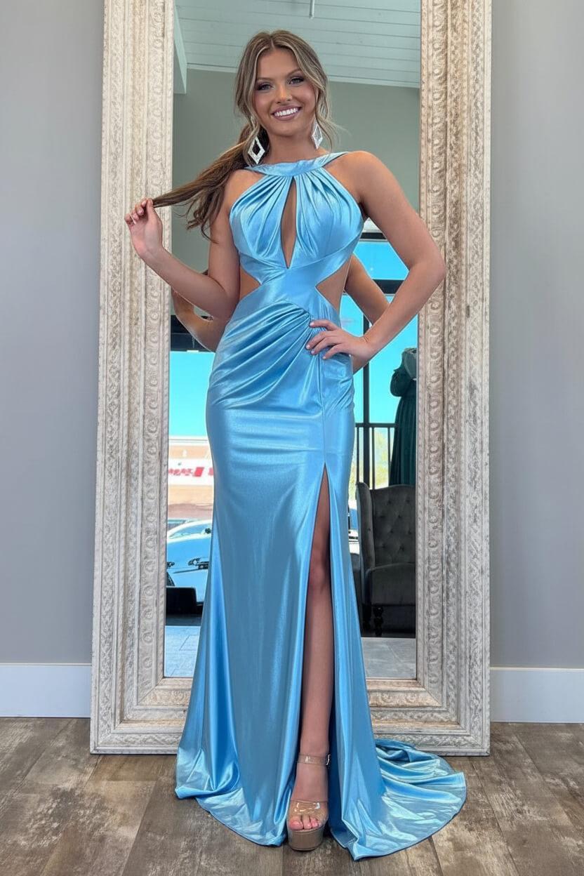 Fuchsia Metallic Mermaid Prom Dress With Slit And Open Back Formal Evening Gown