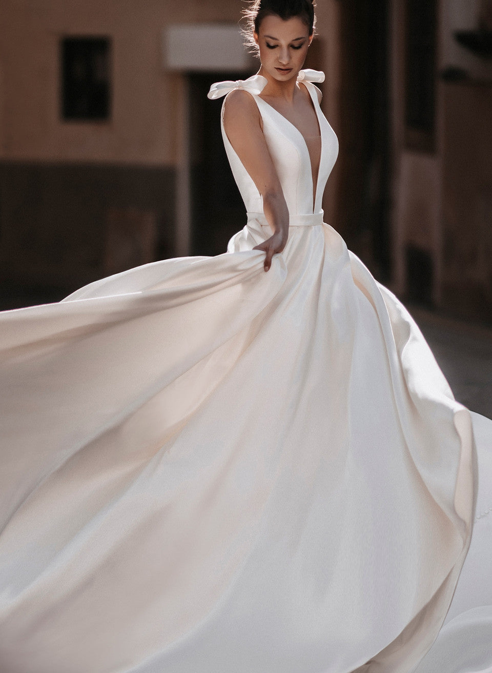 Sleek Ball Gown Satin V Neck Bridal Gowns