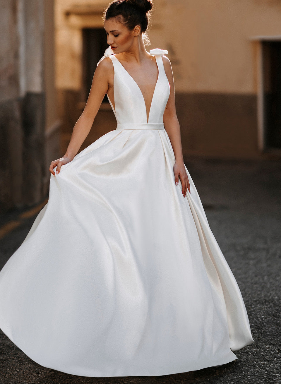 Sleek Ball Gown Satin V Neck Bridal Gowns