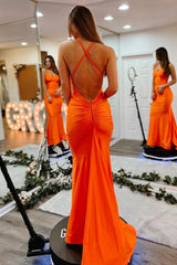 Orange Mermaid Gown With Criss Cross Back And Smooth Satin Finish Prom Dress Formal Evening Gown
