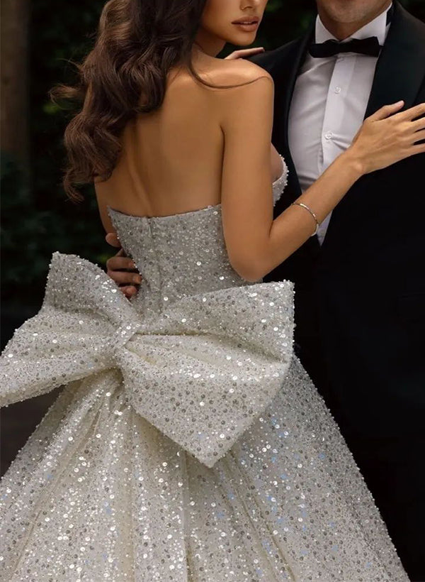 Sleeveless Sequined Wedding Dress With Bow(s)