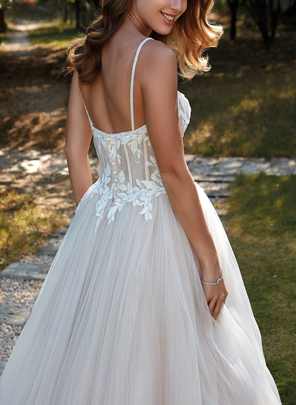 Sleeveless Sweep Train Tulle Wedding Dress With Appliques Lace