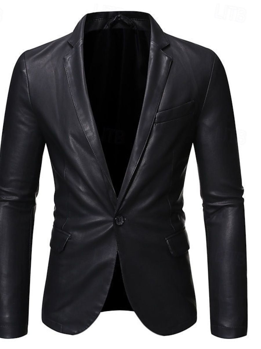 Solid Color Black Pu Leather Blazer For Office Work