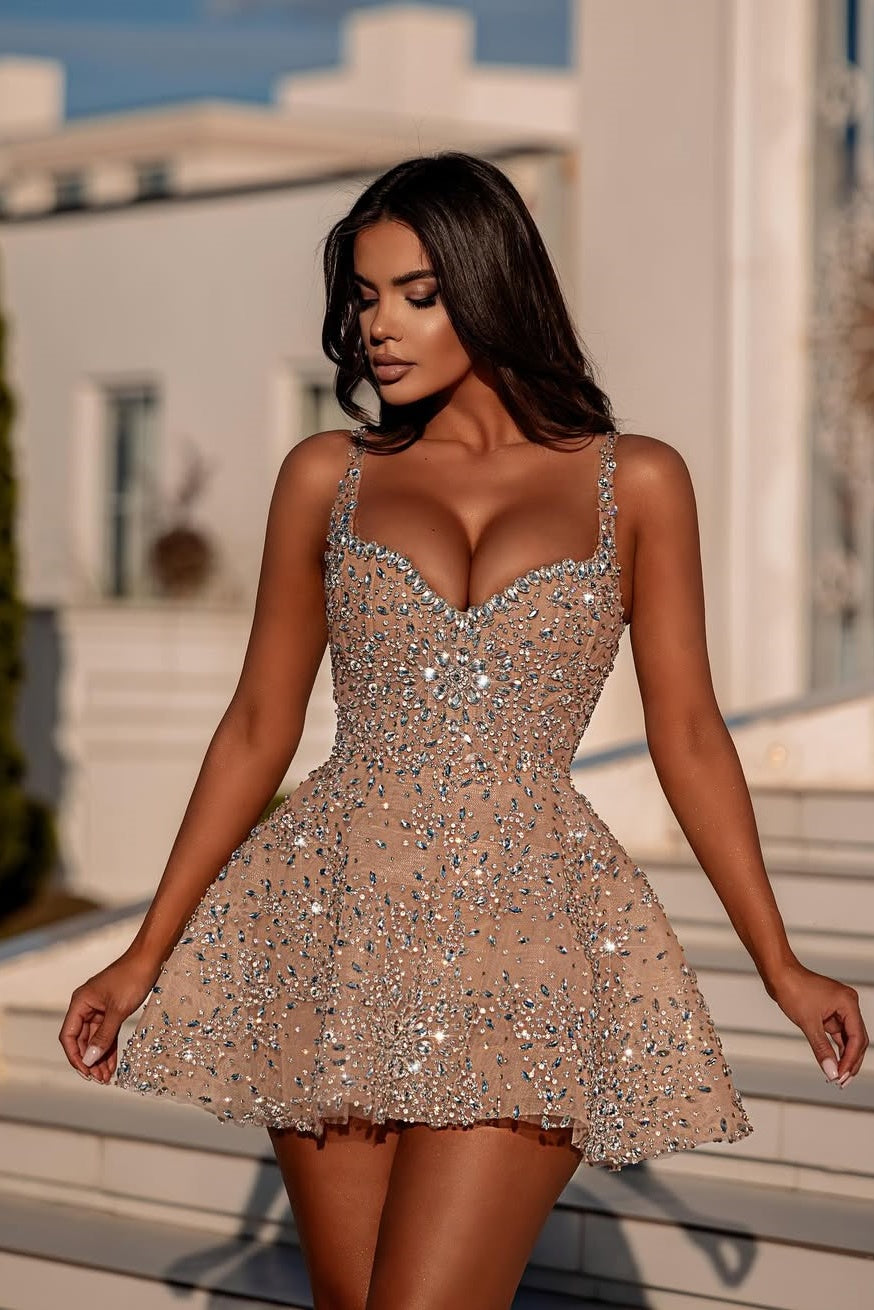 Spaghetti Straps A Line Homecoming Dress Beaded Short Cocktail Dress