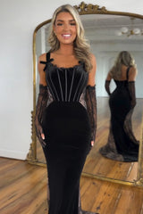 Spaghetti Straps Black Prom Dress Mermaid Corset Velvet Long Evening Dress