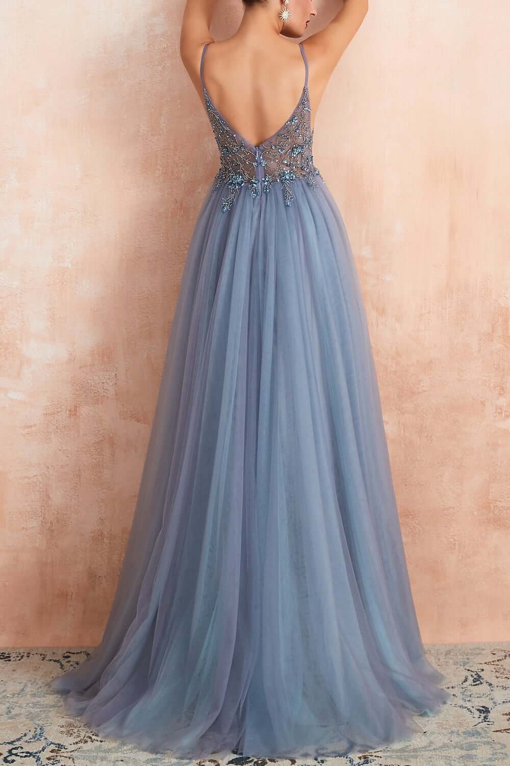 Gray Blue Prom Dress V Neck Tulle Beaded Long Formal Dress Evening Dress