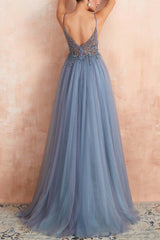 Gray Blue Prom Dress V Neck Tulle Beaded Long Formal Dress Evening Dress