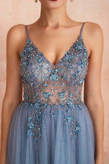Gray Blue Prom Dress V Neck Tulle Beaded Long Formal Dress Evening Dress