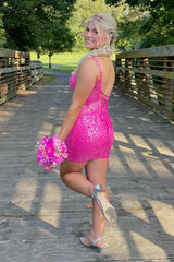 Spaghetti Straps Fuchsia Homecoming Dresses Tight Short Cocktail Dresses with Lace