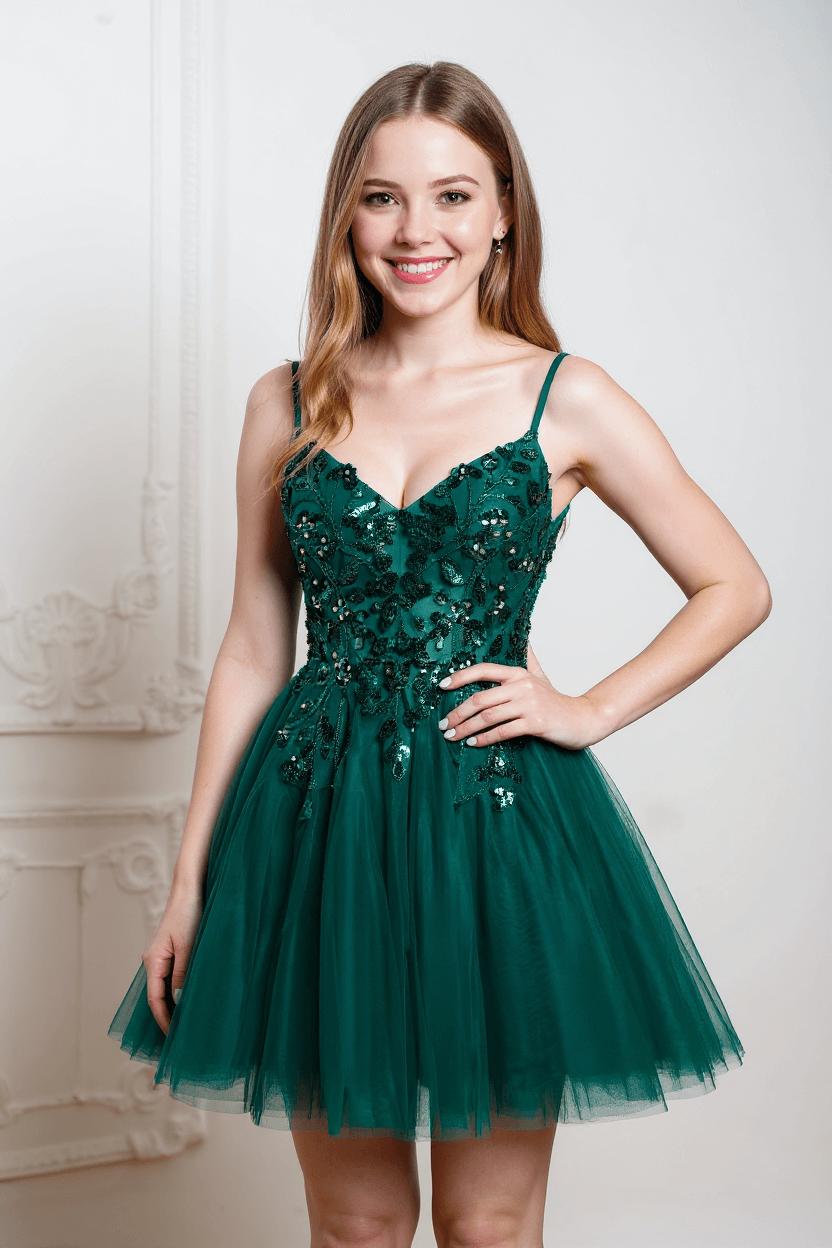 Spaghetti Straps Homecoming Dress Sequin A Line Tulle Short Prom Dress