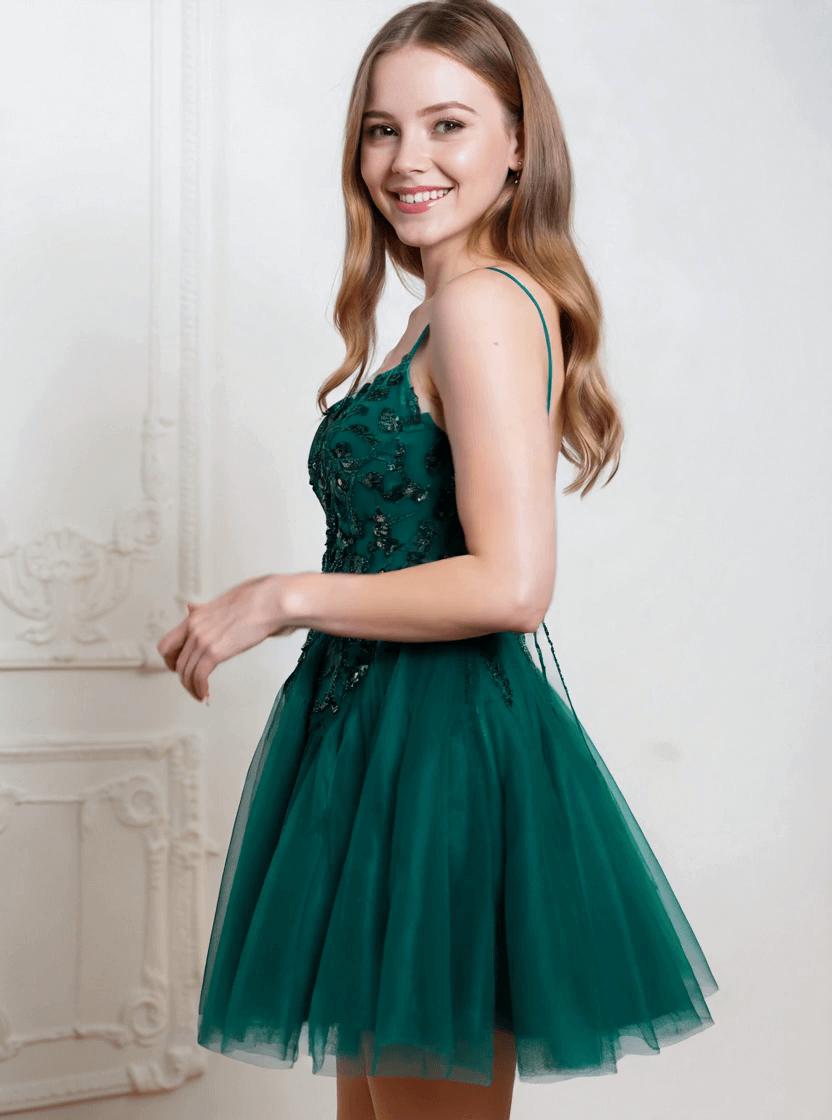 Spaghetti Straps Homecoming Dress Sequin A Line Tulle Short Prom Dress