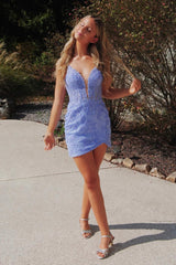 Spaghetti Straps Lilac Homecoming Dress Bodycon Short Prom Dress with Appliques