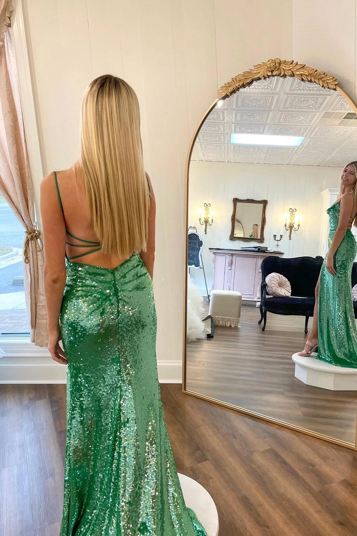 Spaghetti Straps Prom Dress Long Sage Sequin Evening Dress