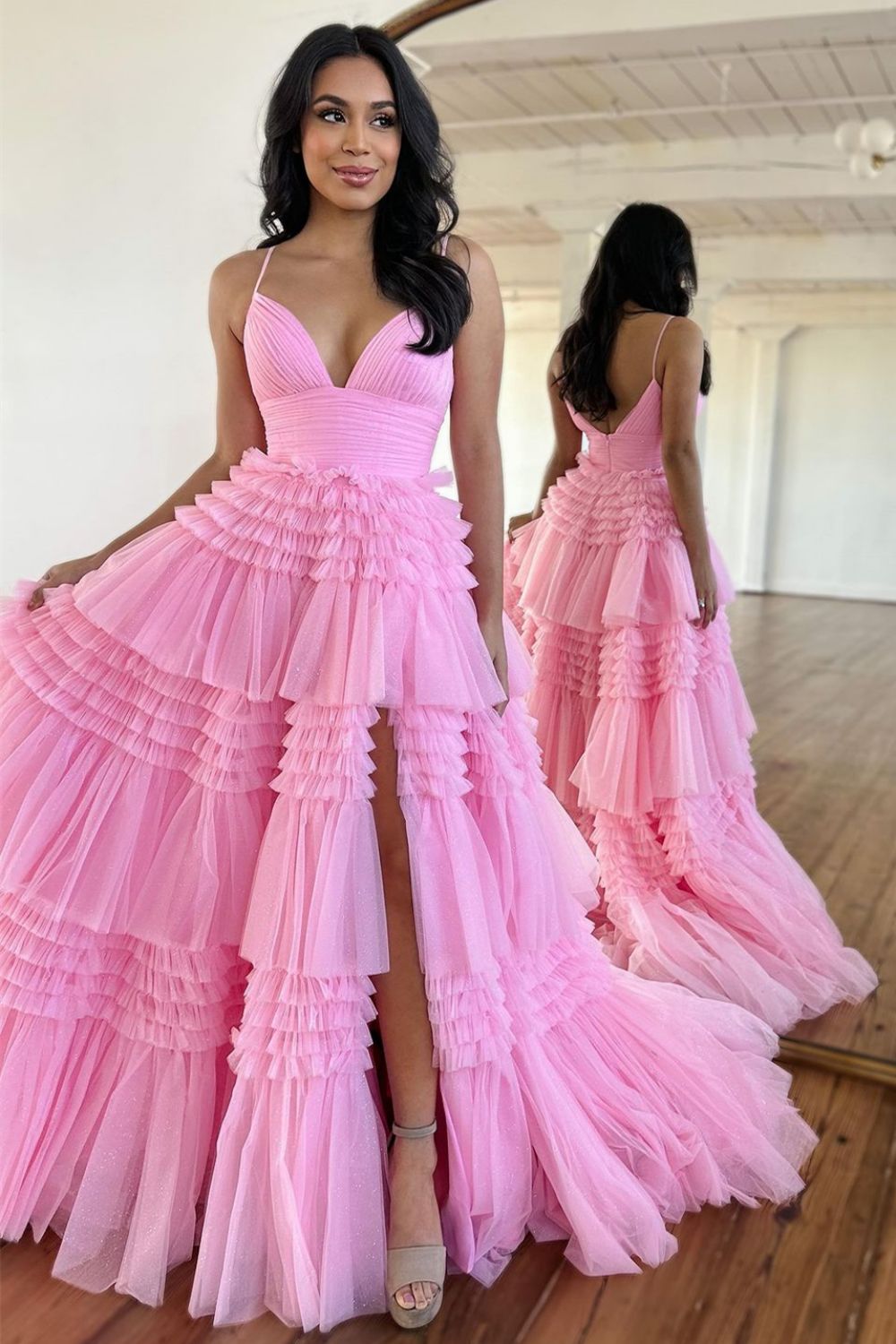 Spaghetti Straps Prom Dress Long Tiered Tulle A Line Elegant Evening Dress with Split