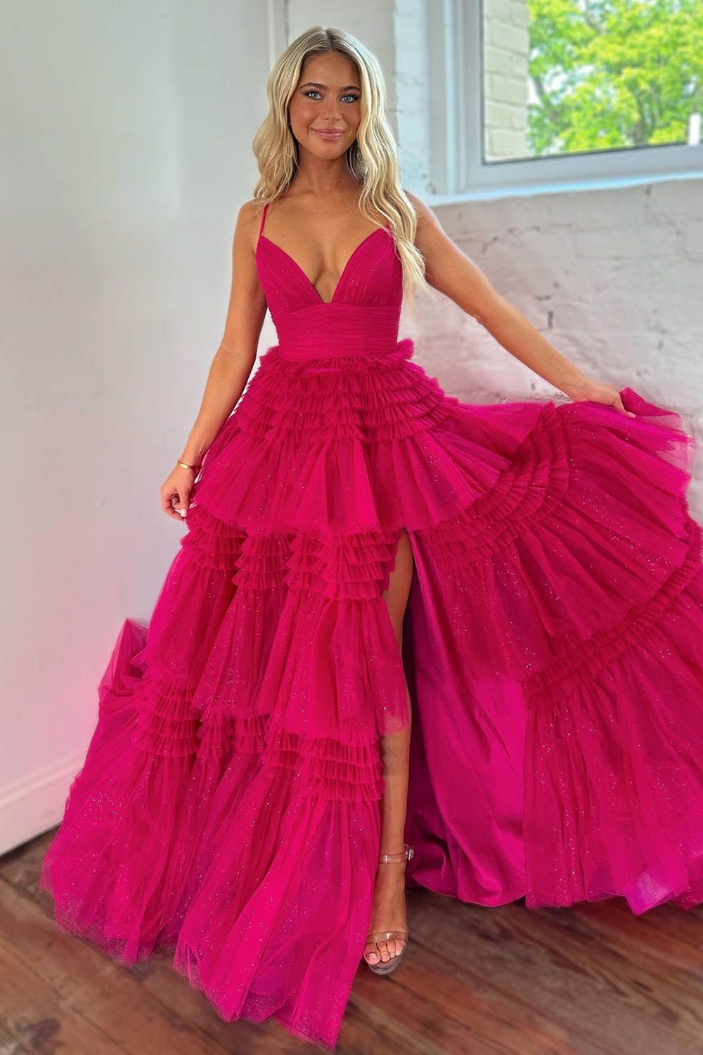 Spaghetti Straps Prom Dress Long Tiered Tulle A Line Elegant Evening Dress with Split
