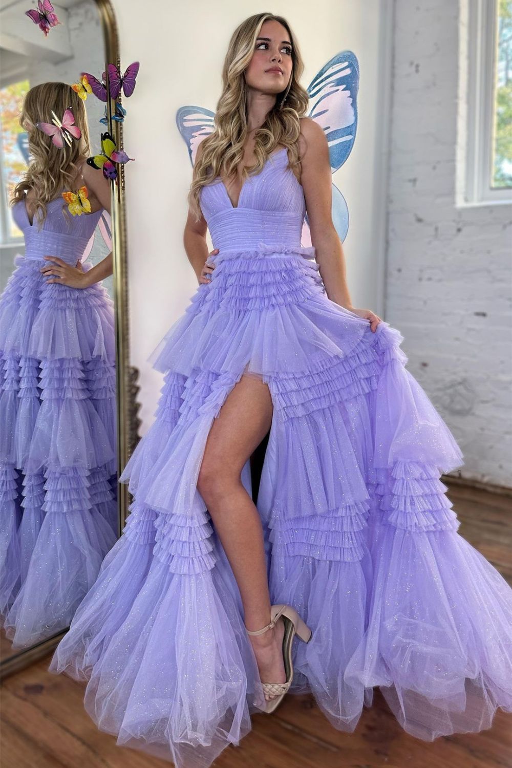 Spaghetti Straps Prom Dress Long Tiered Tulle A Line Elegant Evening Dress with Split
