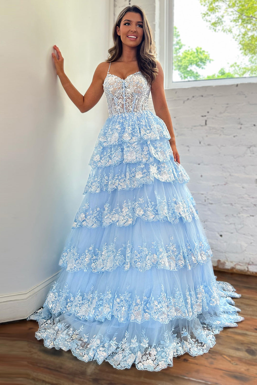 Spaghetti Straps Prom Dress Tiered Lace A Line Evening Dress