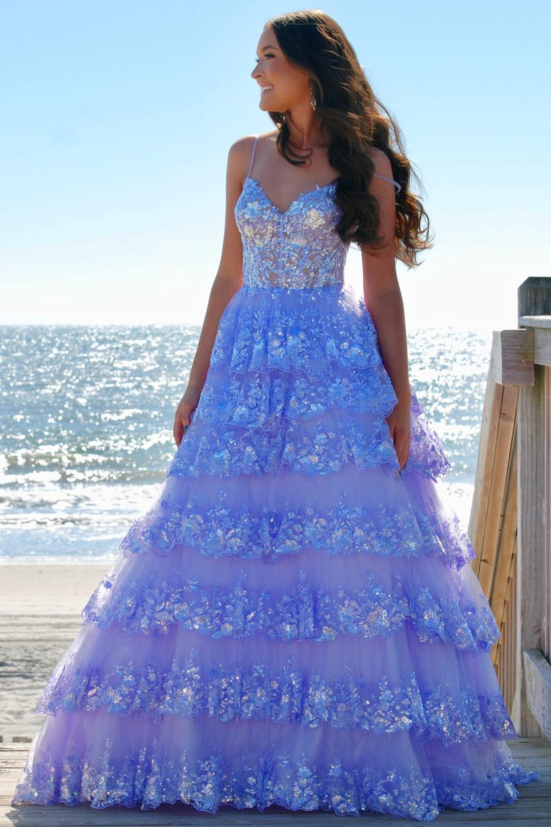 Spaghetti Straps Prom Dress Tiered Lace A Line Evening Dress
