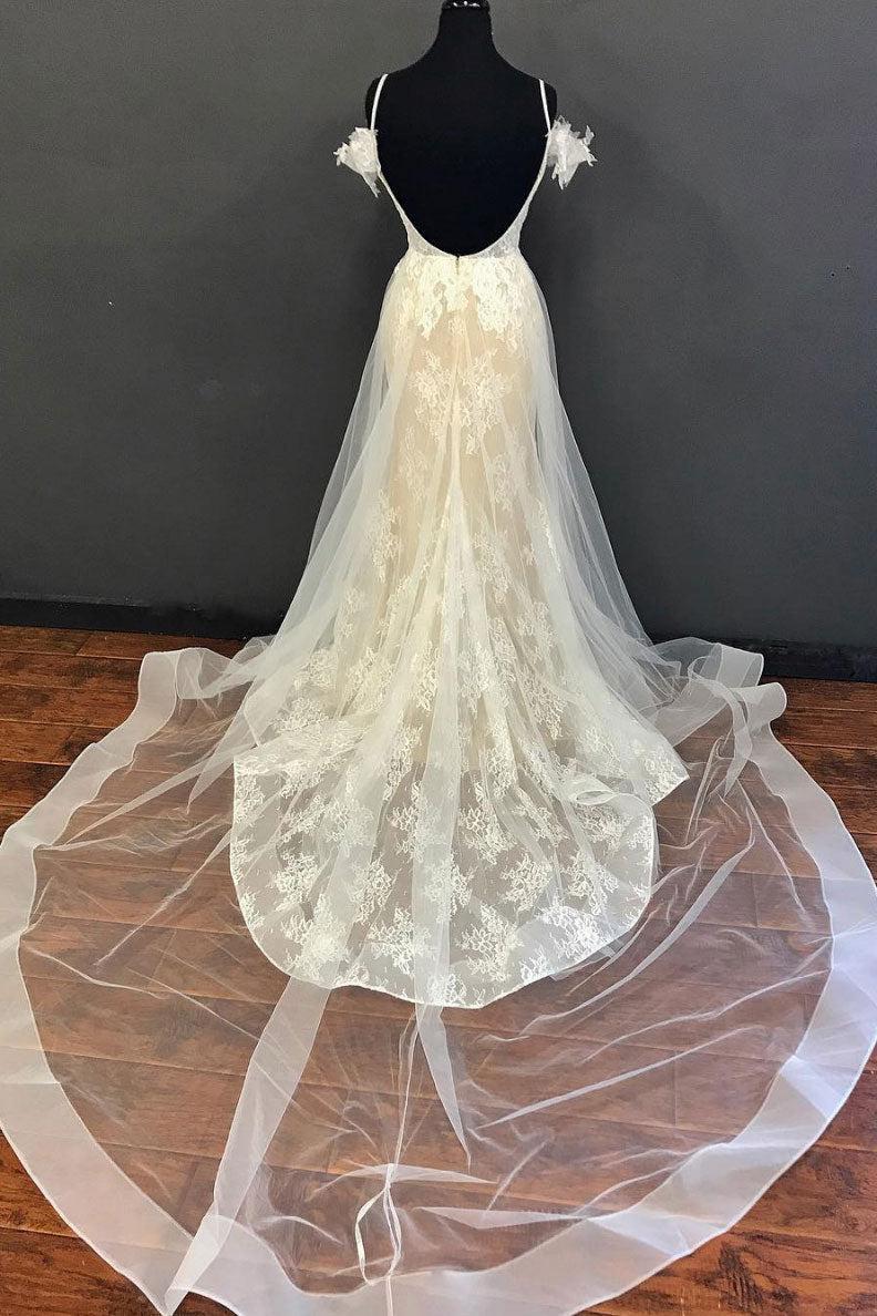 Spaghetti Straps Tulle Wedding Dress Lace A Line Long Bridal Gown