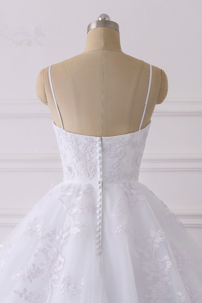 Spaghetti Straps V Neck Tulle Wedding Dress with Lace Appliques