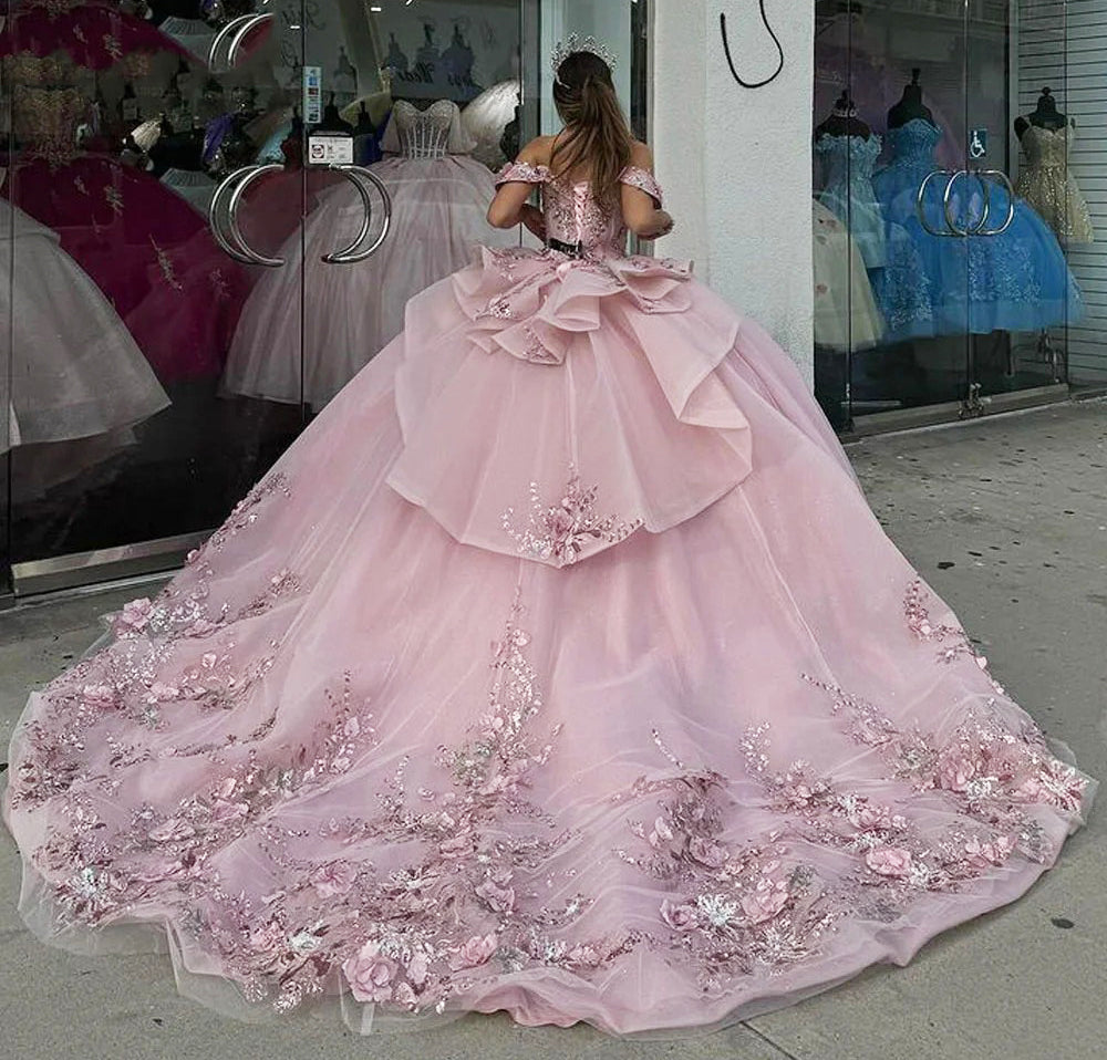 Sparkle & Glitter Ball Gown Off Shoulder Flowers Appliques Beaded Tiered Ruffles Pink Tulle Quinceanera Dress Graduation Party Gown For Sweet 16