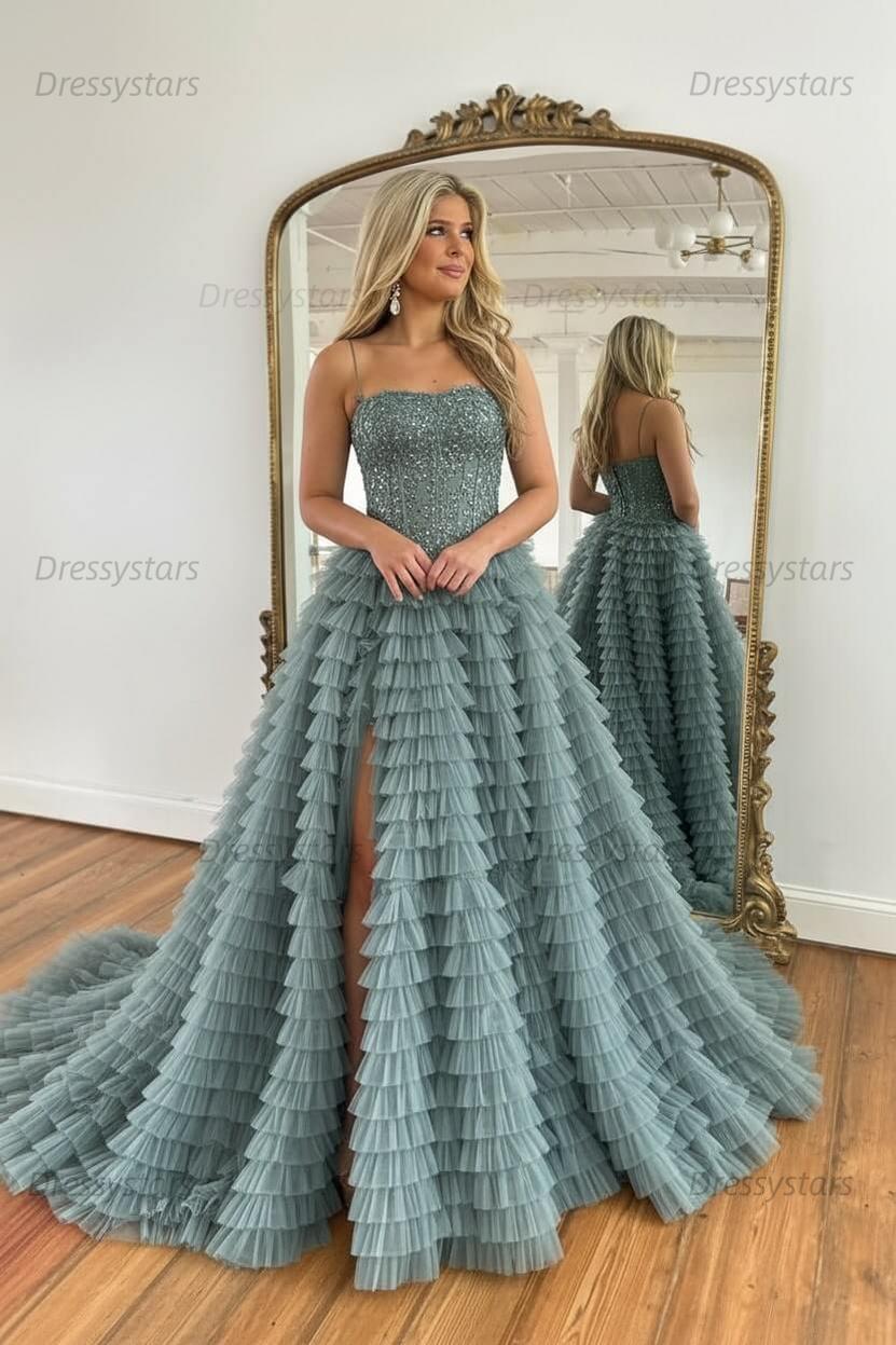 Sparkly Black Corset Spaghetti Straps Tulle A-Line Long Prom Dress with Slit
