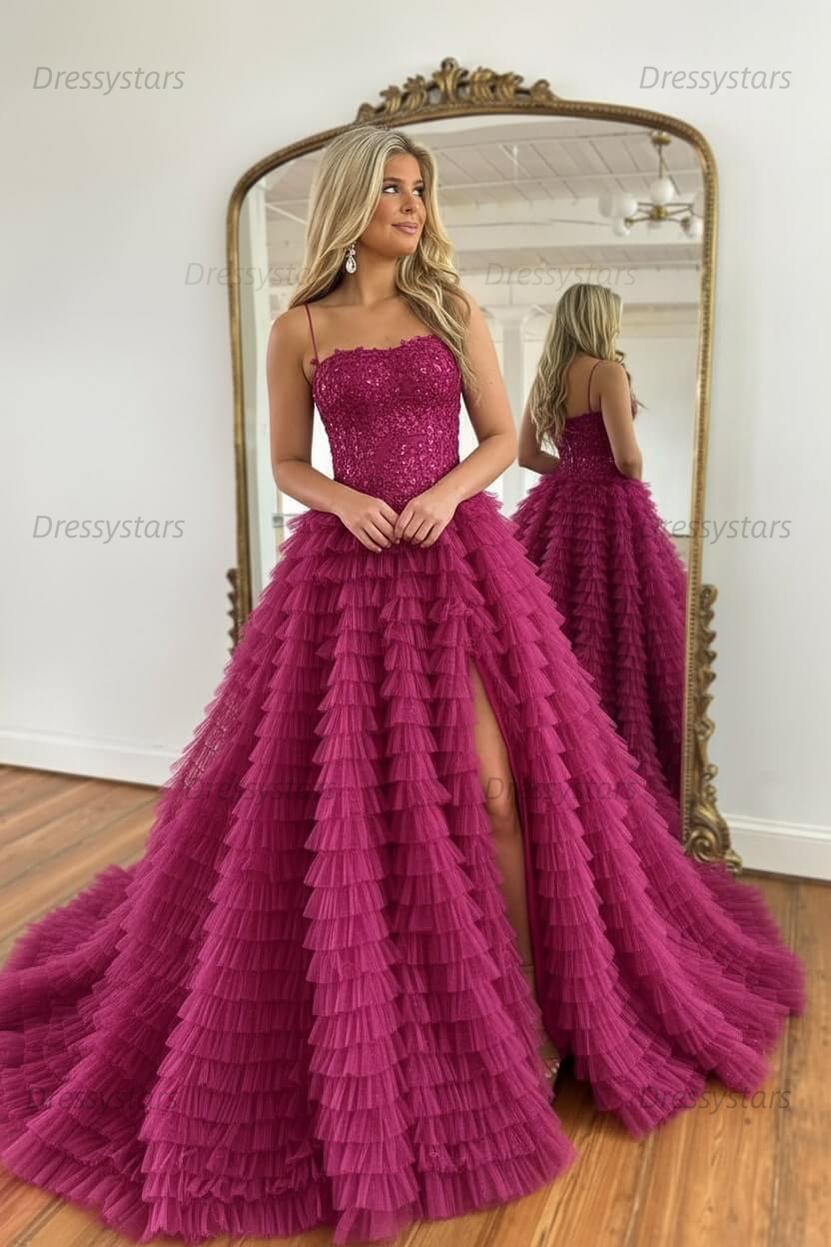 Sparkly Black Corset Spaghetti Straps Tulle A-Line Long Prom Dress with Slit