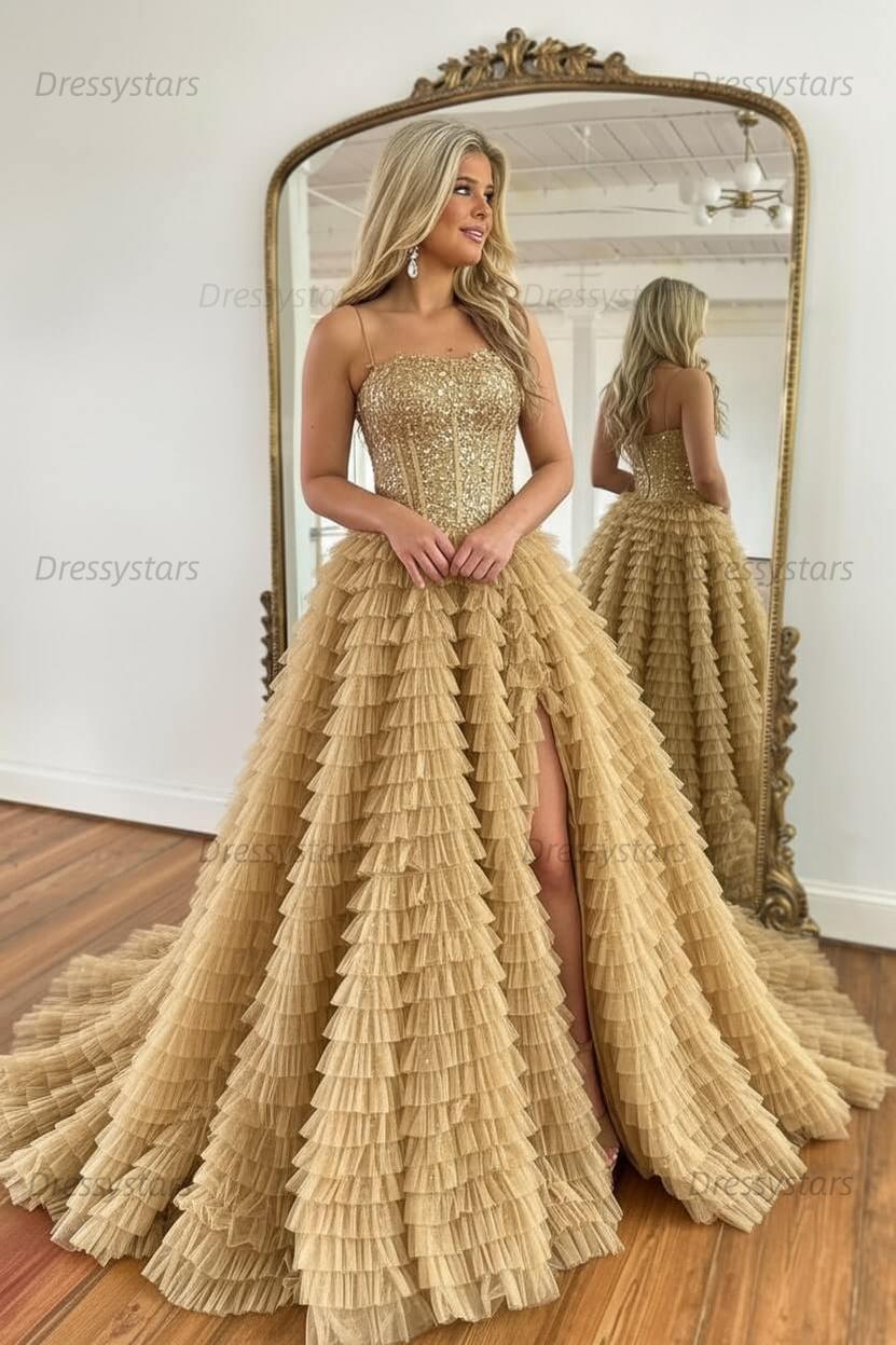 Sparkly Black Corset Spaghetti Straps Tulle A-Line Long Prom Dress with Slit