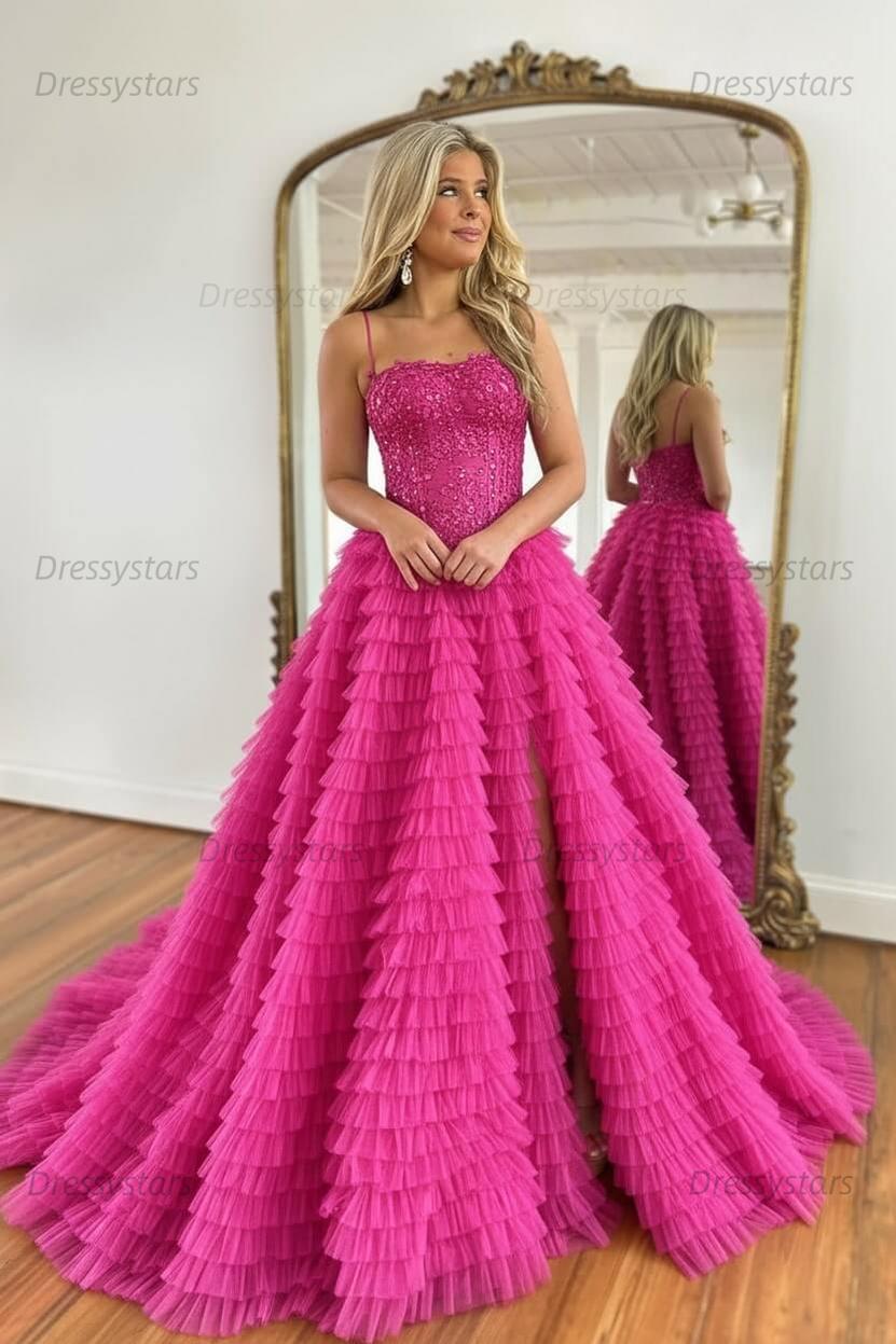 Sparkly Black Corset Spaghetti Straps Tulle A-Line Long Prom Dress with Slit