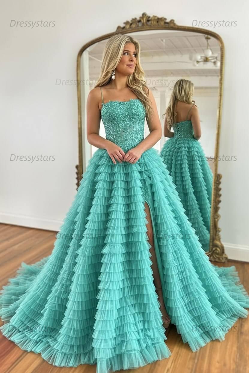 Sparkly Black Corset Spaghetti Straps Tulle A-Line Long Prom Dress with Slit