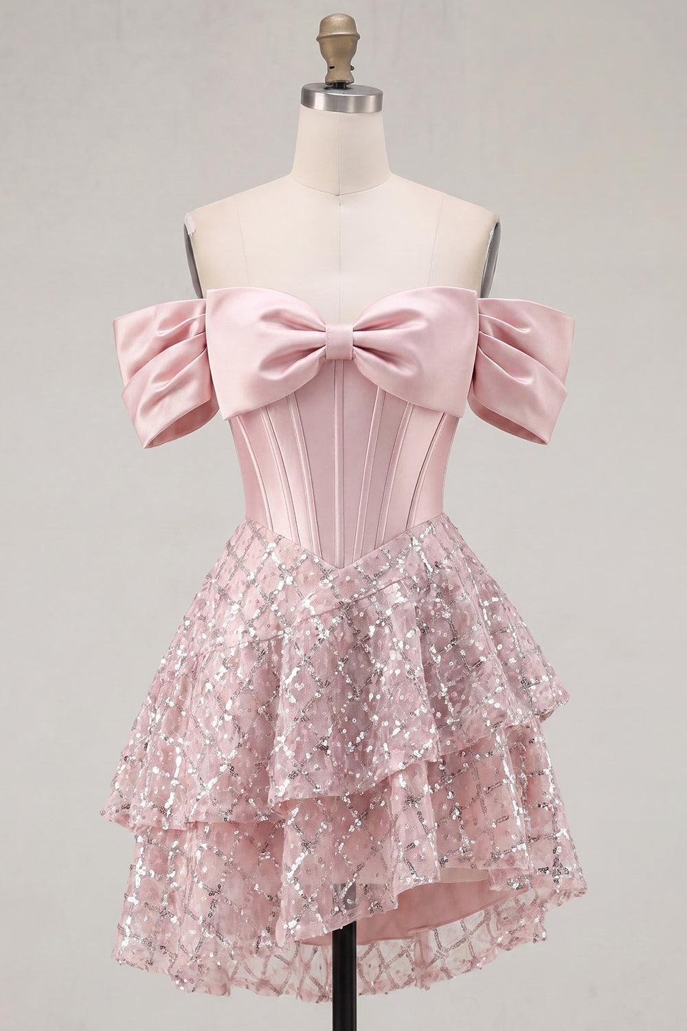 Sparkly Blush Beaded Corset A-Line Short Homecoming Dress with Ruffles