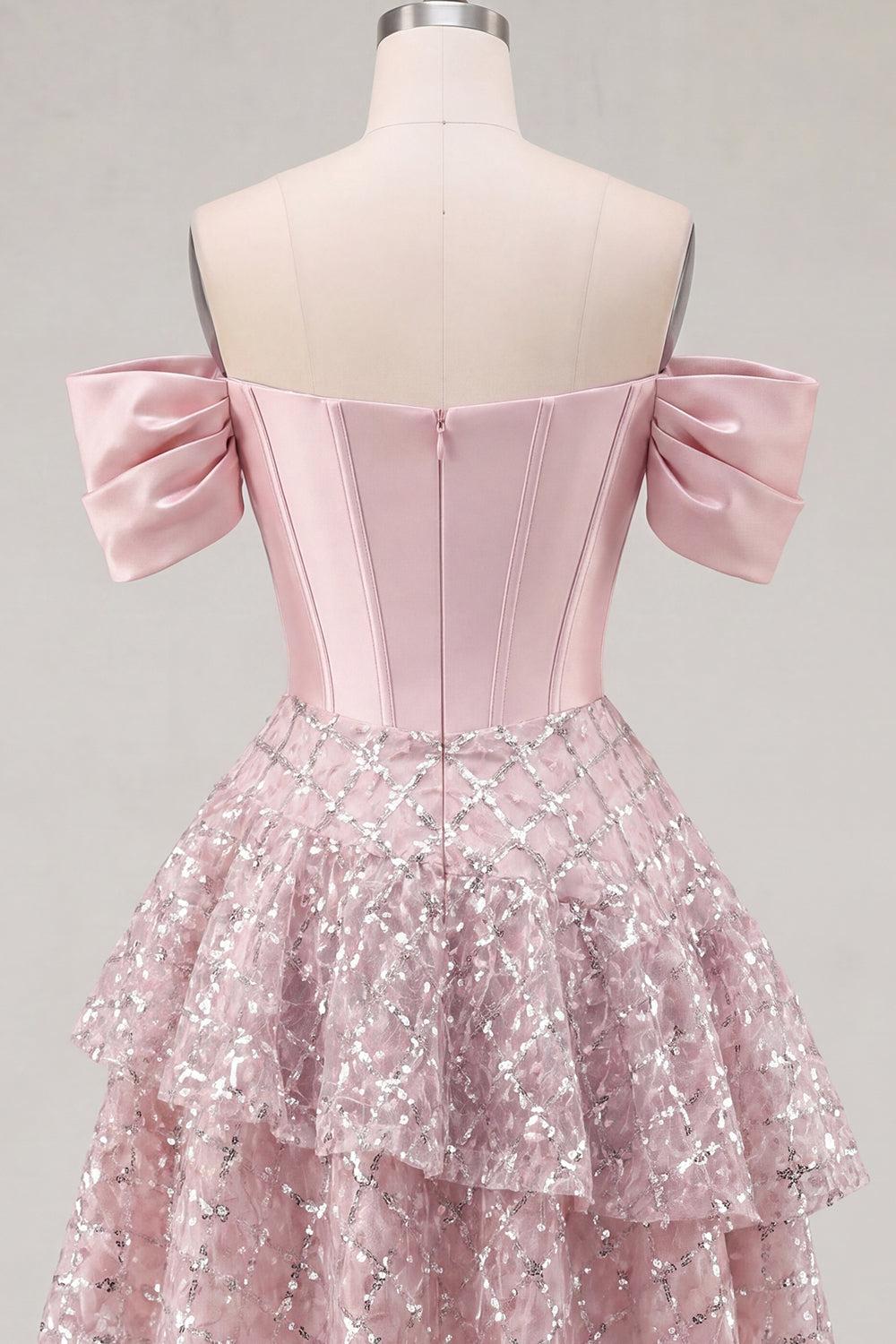 Sparkly Blush Beaded Corset A-Line Short Homecoming Dress with Ruffles