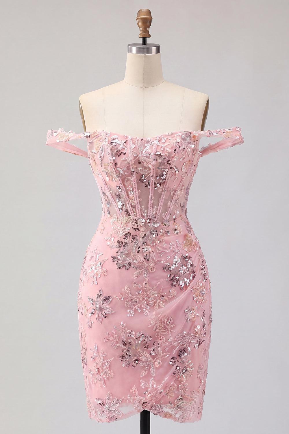 Floral Corset Tight Sparkly Blush Short Beaded Homecoming Dress