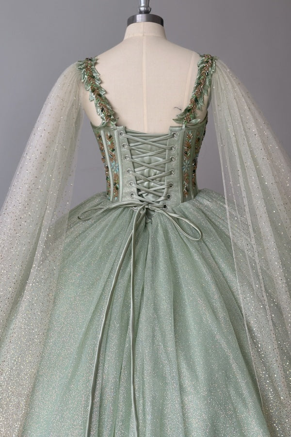 Sparkly & Glitter Ball Gown Sweetheart Neck Sleeveless Beaded Sage Tulle Green Quinceanera Dress Formal Evening Party Gown For Sweet 16