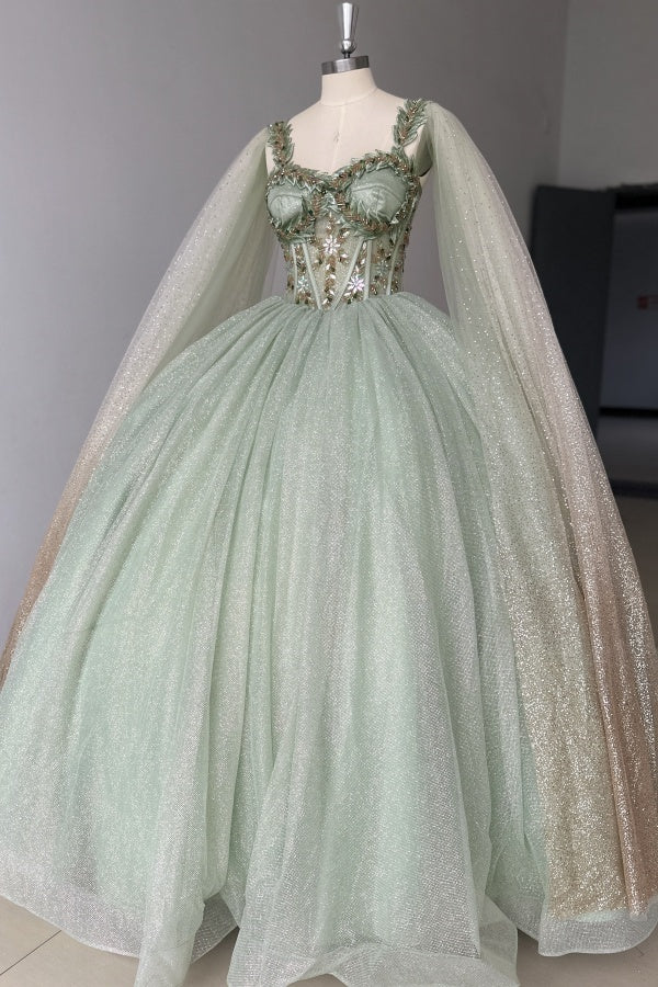 Sparkly & Glitter Ball Gown Sweetheart Neck Sleeveless Beaded Sage Tulle Green Quinceanera Dress Formal Evening Party Gown For Sweet 16