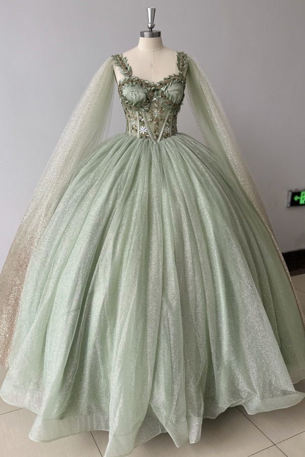 Sparkly & Glitter Ball Gown Sweetheart Neck Sleeveless Beaded Sage Tulle Green Quinceanera Dress Formal Evening Party Gown For Sweet 16