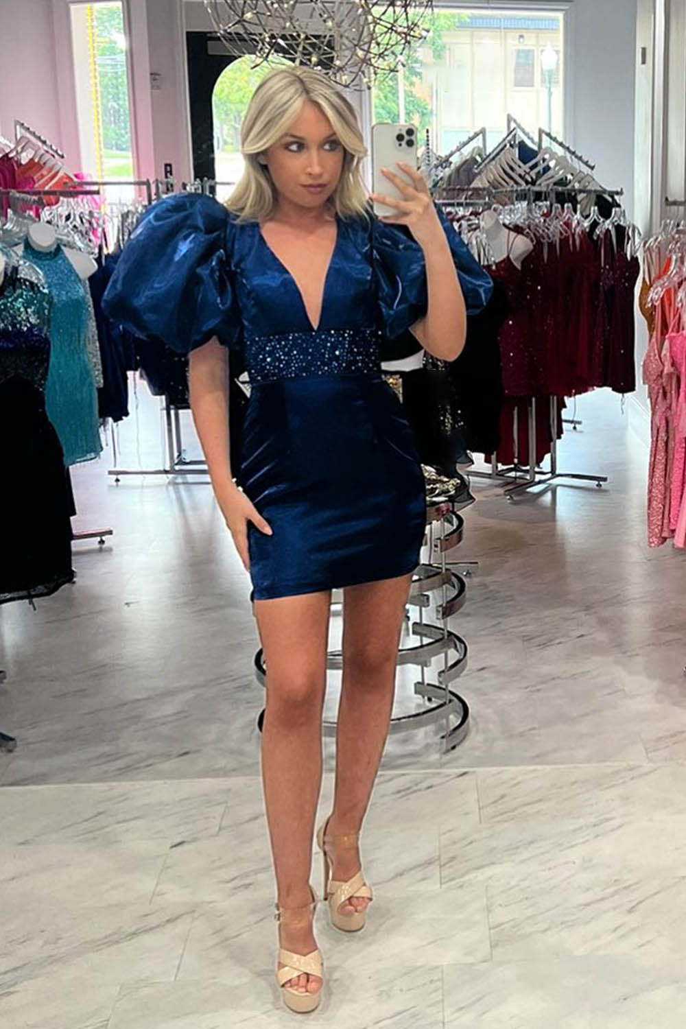 Sparkly Homecoming Dress Cute Puff Sleeves Bodycon Fitting with Beading Short Party Cocktail Dress