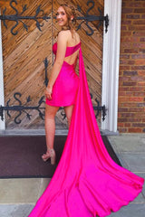 Sparkly Homecoming Dress Fuchsia Satin one shoulder Style Train Bodycon Fitting Short Party Cocktail Dress