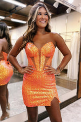 Sparkly Homecoming Dress Strapless Bodycon Sequin Style with Slit Short Party Cocktail Dress