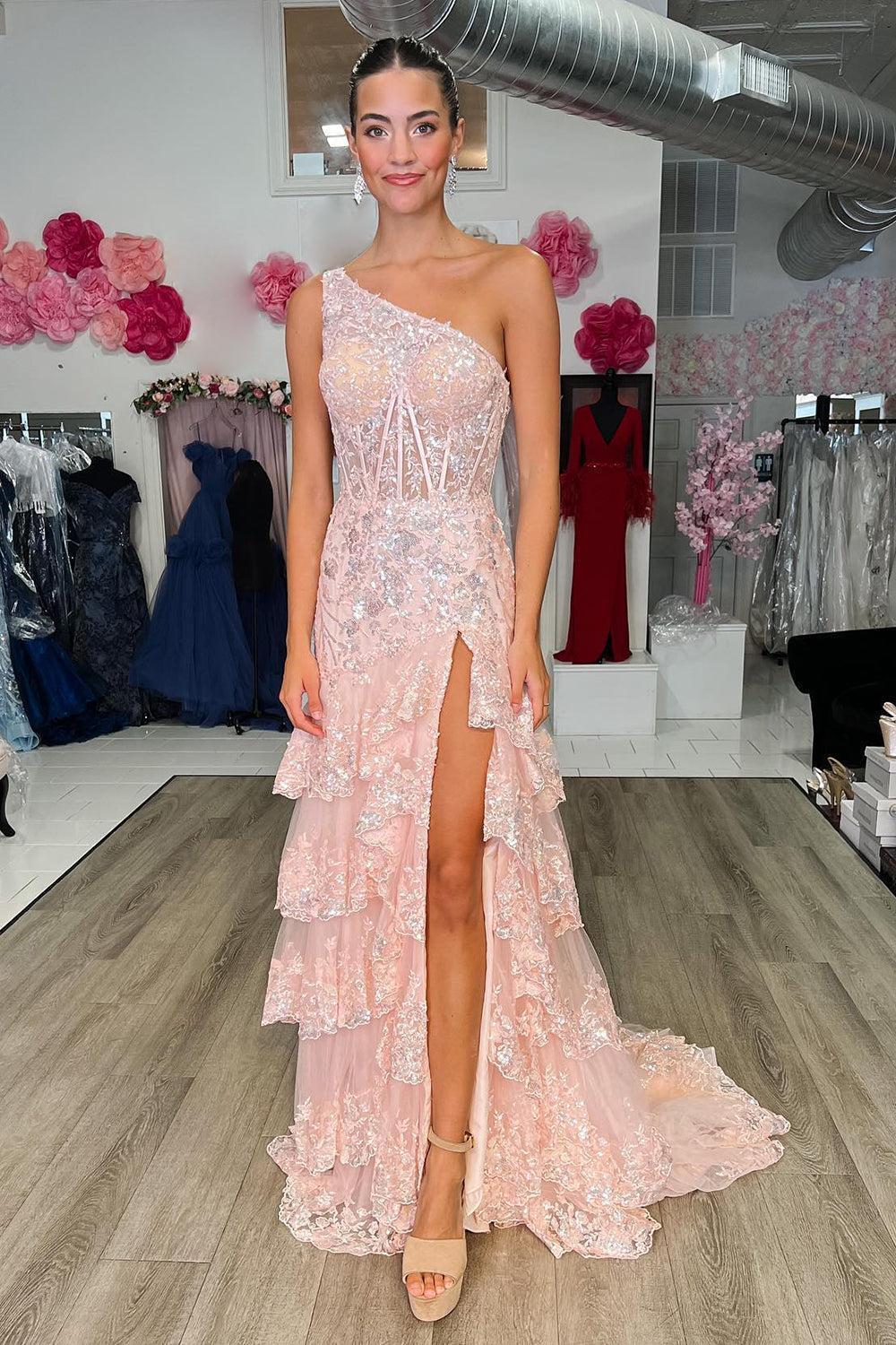 Sparkly Lilac One Shoulder Tiered Lace Long Prom Dress with Slit