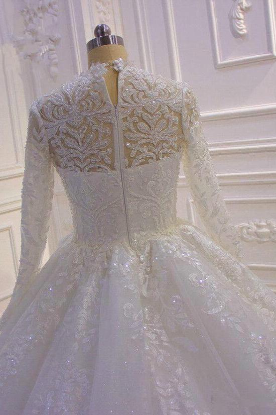 Sparkly Long Sleeve Wedding Dress Lace Ball Gown High Neck Tulle Bridal Gown