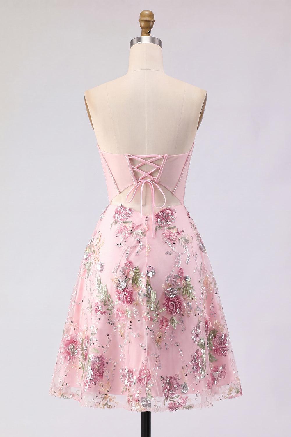 Sparkly Pink A Line Short Beaded Corset Strapless Floral Homecoming Dress