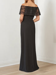 Sparkly Princess A-Line Floor-Length Mother of the Bride Dress with Portrait Neckline